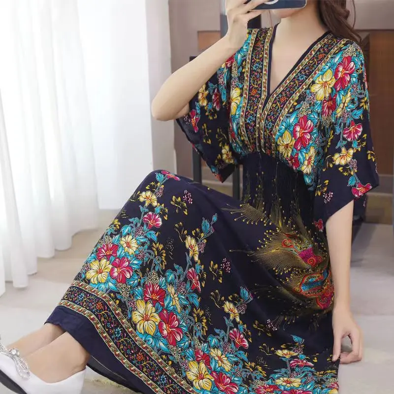 Vestidos Para Mujer Rope Robe Dress Women Casual Elegant Retro Bohemian V Neck Boho Korean Printed Summer Long Dresses Clothes