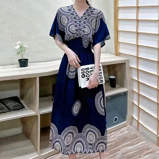 Vestidos Para Mujer Rope Robe Dress Women Casual Elegant Retro Bohemian V Neck Boho Korean Printed Summer Long Dresses Clothes