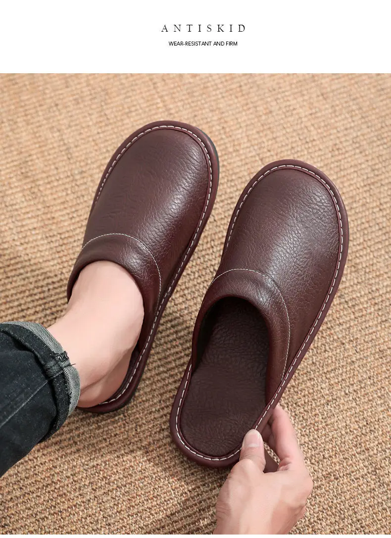 Concise Faux Leather Slippers Men's Warm Shoes Indoor Fur Slides Mules Home Guest Slipper Big Size 47 48 Man Husband Plush Shoe