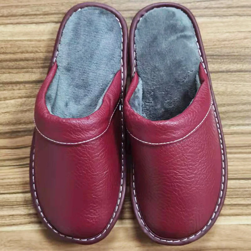 Concise Faux Leather Slippers Men's Warm Shoes Indoor Fur Slides Mules Home Guest Slipper Big Size 47 48 Man Husband Plush Shoe