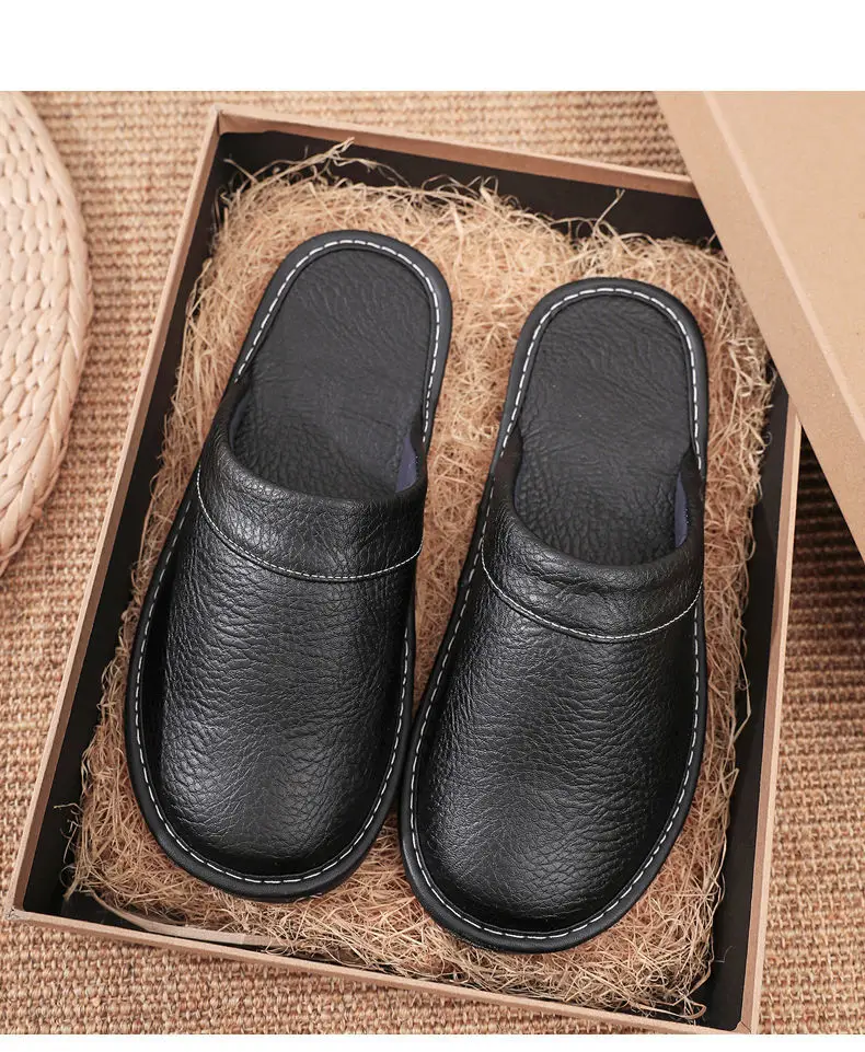 Concise Faux Leather Slippers Men's Warm Shoes Indoor Fur Slides Mules Home Guest Slipper Big Size 47 48 Man Husband Plush Shoe