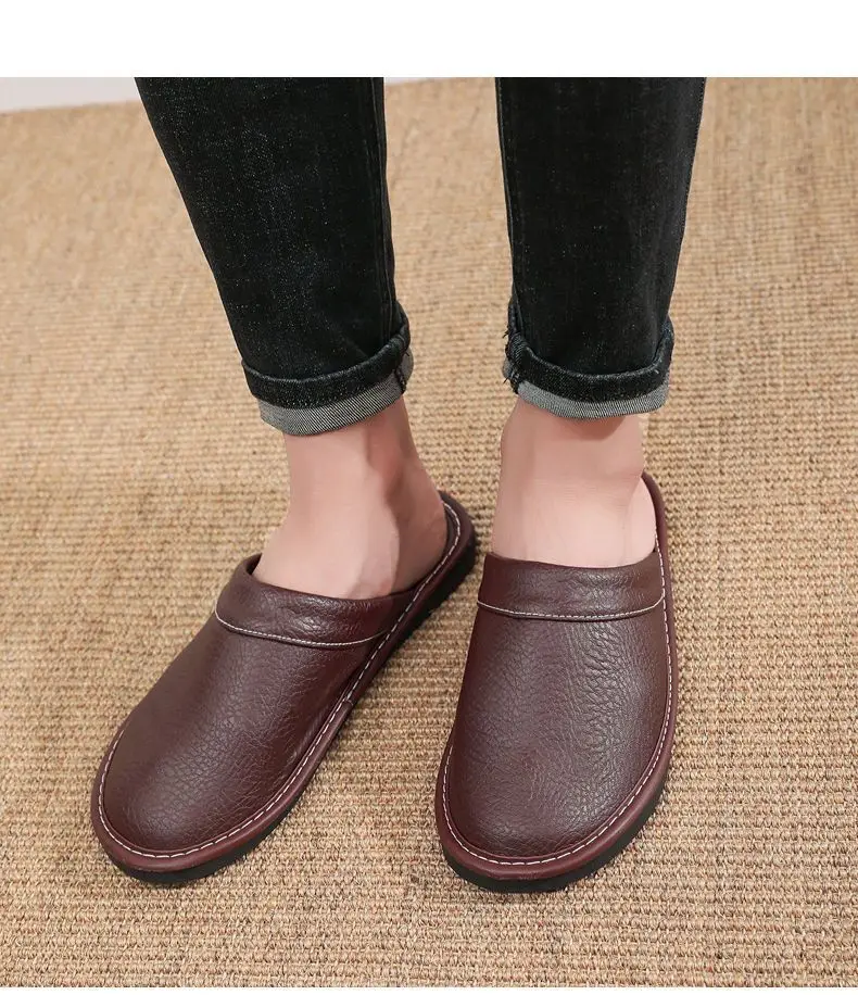 Concise Faux Leather Slippers Men's Warm Shoes Indoor Fur Slides Mules Home Guest Slipper Big Size 47 48 Man Husband Plush Shoe