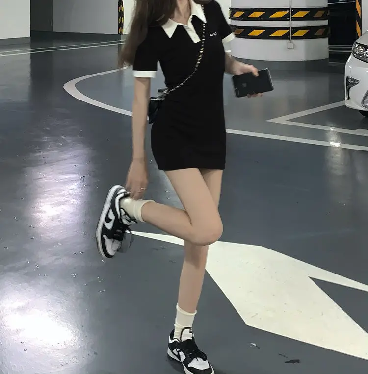 Contrast Color Dresses For Women 2022 Summer Polo One Pieces Korea College Short Sleeve Mini Skirt Slim Black Sheath Tight Dress