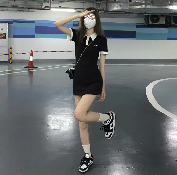 Contrast Color Dresses For Women 2022 Summer Polo One Pieces Korea College Short Sleeve Mini Skirt Slim Black Sheath Tight Dress