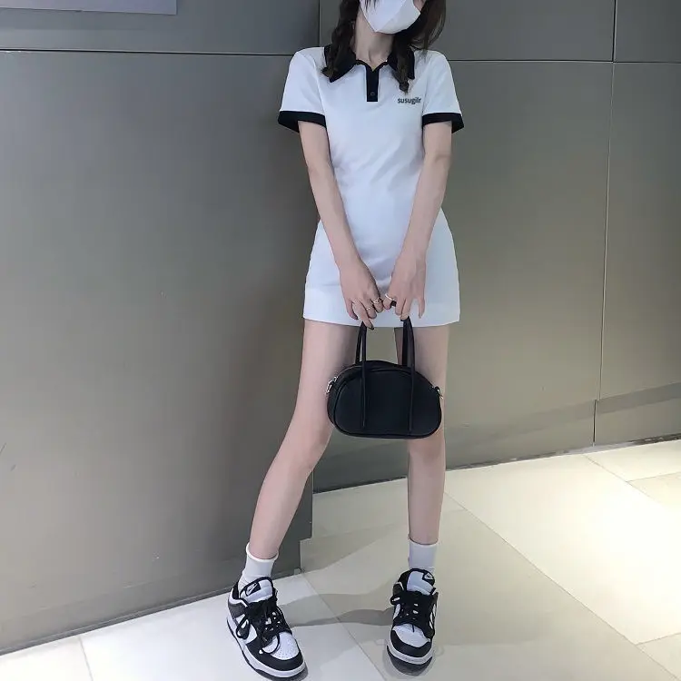 Contrast Color Dresses For Women 2022 Summer Polo One Pieces Korea College Short Sleeve Mini Skirt Slim Black Sheath Tight Dress