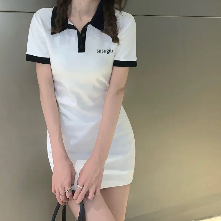 Contrast Color Dresses For Women 2022 Summer Polo One Pieces Korea College Short Sleeve Mini Skirt Slim Black Sheath Tight Dress