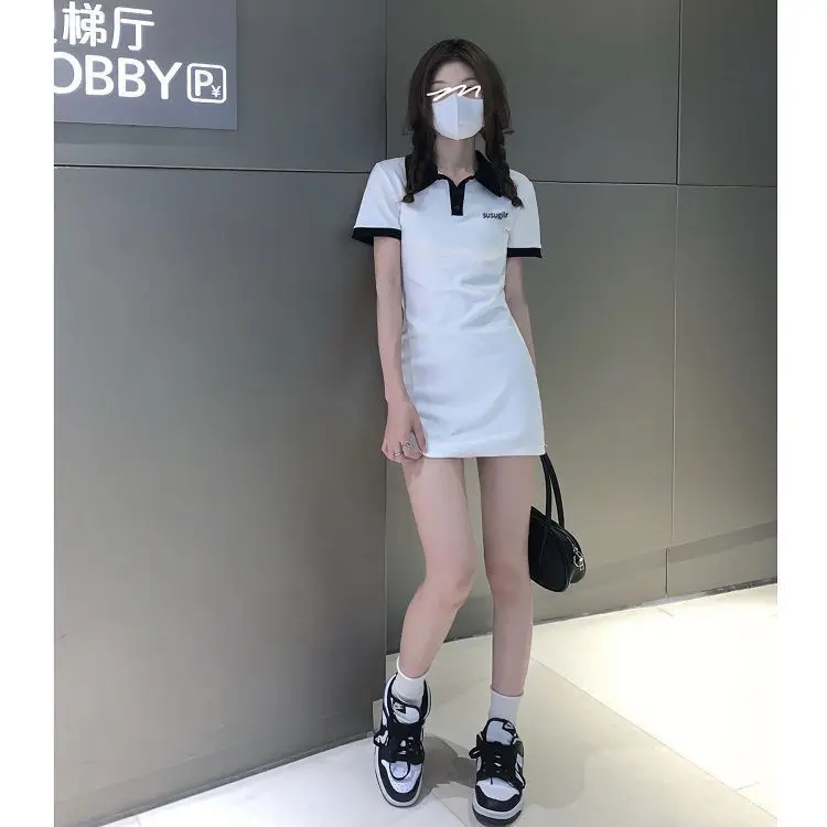 Contrast Color Dresses For Women 2022 Summer Polo One Pieces Korea College Short Sleeve Mini Skirt Slim Black Sheath Tight Dress