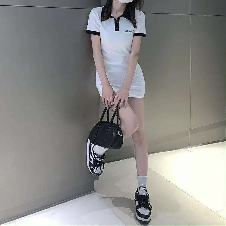 Contrast Color Dresses For Women 2022 Summer Polo One Pieces Korea College Short Sleeve Mini Skirt Slim Black Sheath Tight Dress
