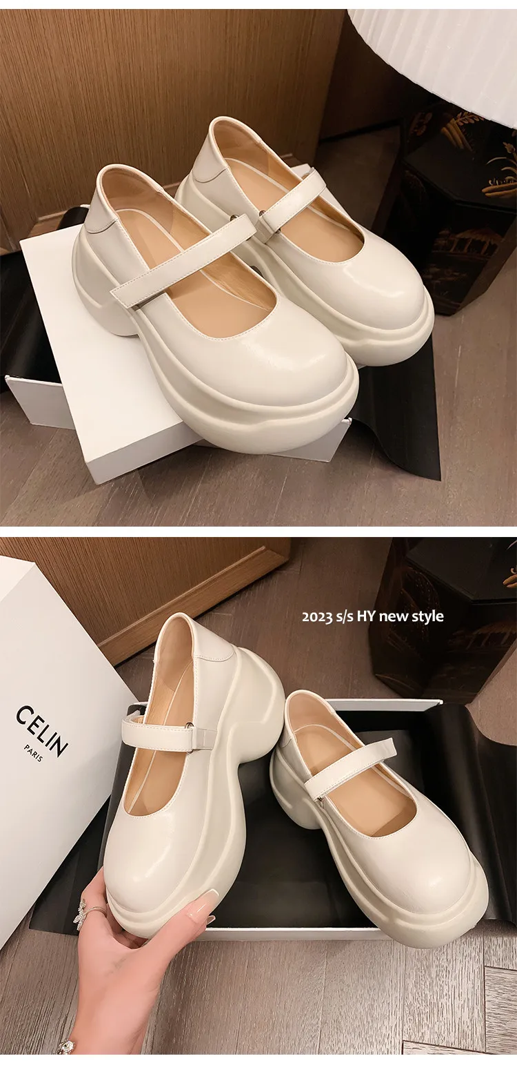 MKKHOU Fashion Pumps New High Quality True Leather Round Head Elevated Thick Sole Shoes Street Spicy Girls Modern Mary Janes