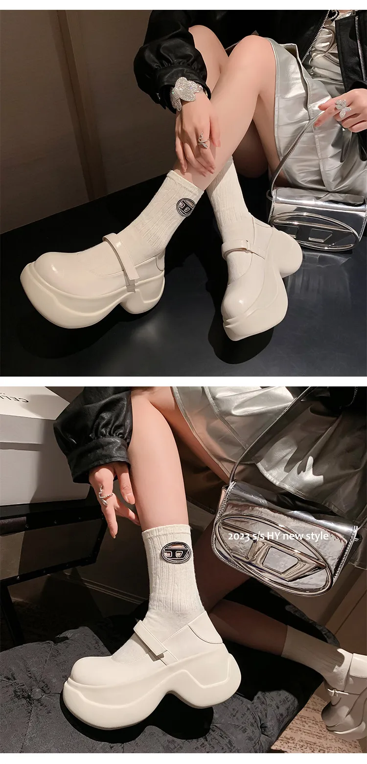 MKKHOU Fashion Pumps New High Quality True Leather Round Head Elevated Thick Sole Shoes Street Spicy Girls Modern Mary Janes