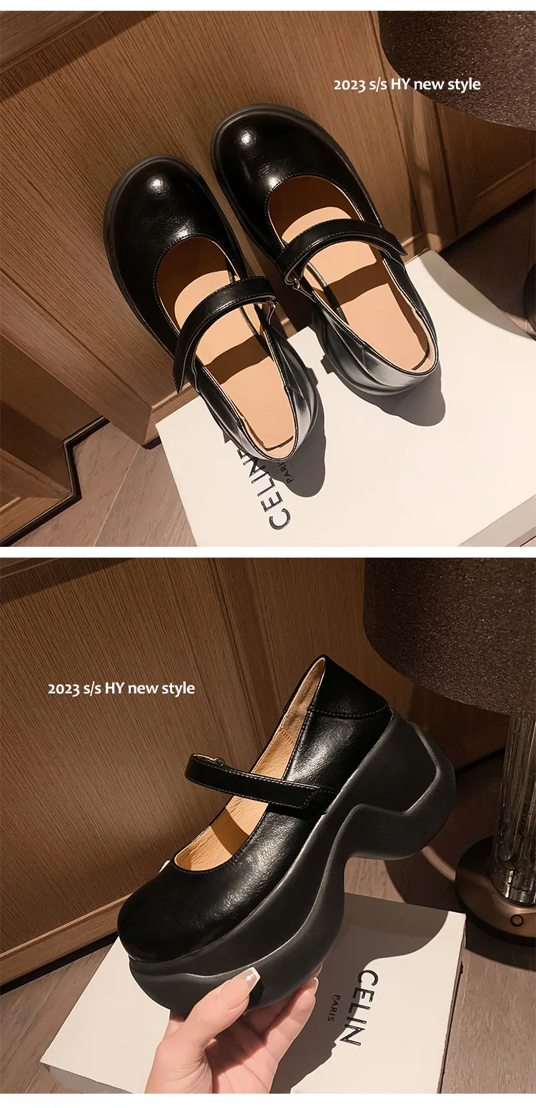MKKHOU Fashion Pumps New High Quality True Leather Round Head Elevated Thick Sole Shoes Street Spicy Girls Modern Mary Janes