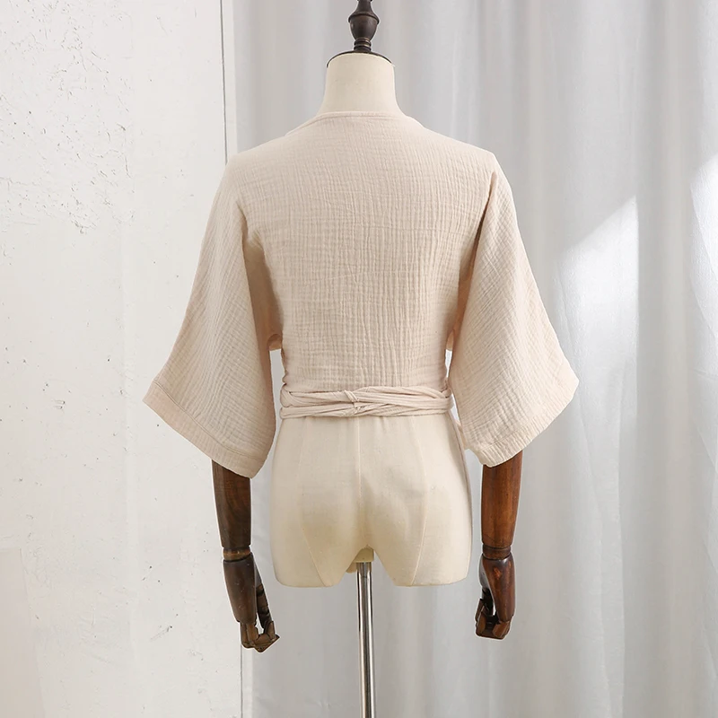 Muslin 100% Cotton Gauze Women T-Shirts Sexy V-Neck Half Sleeve Summer Bandage Harajuku Soild Casual Streetwear Female Blouse