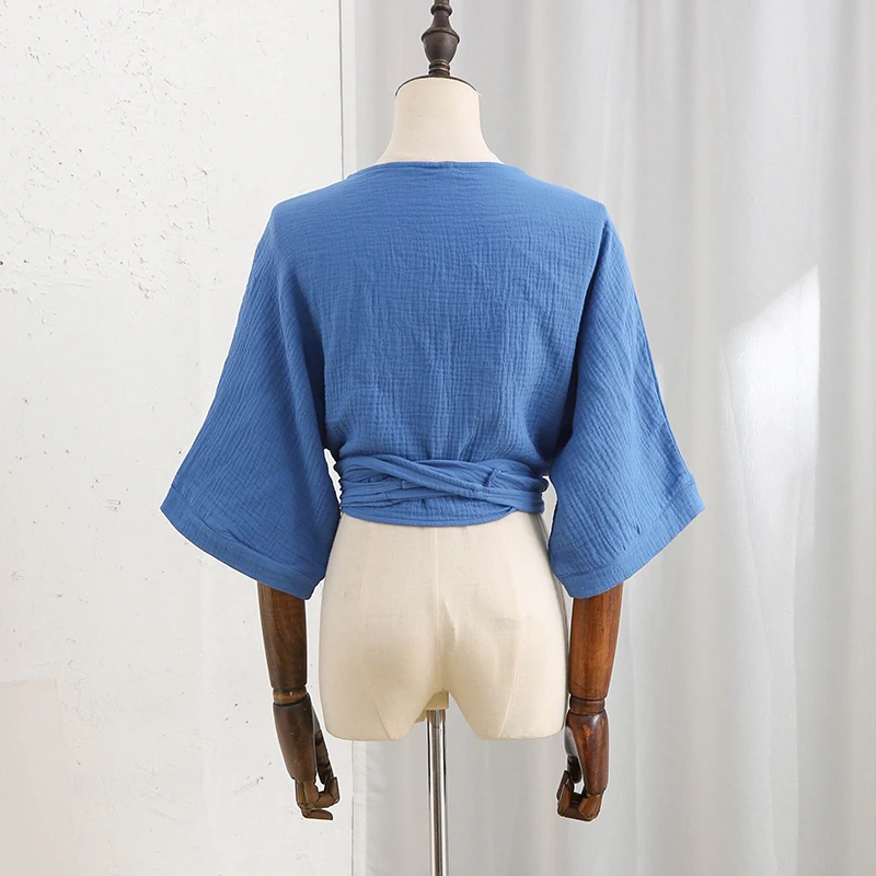 Muslin 100% Cotton Gauze Women T-Shirts Sexy V-Neck Half Sleeve Summer Bandage Harajuku Soild Casual Streetwear Female Blouse
