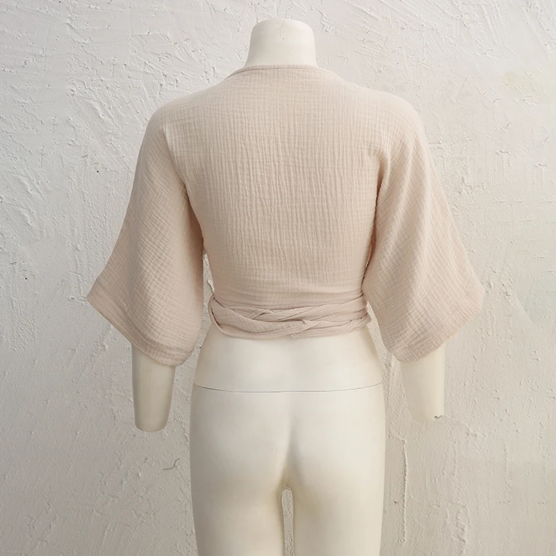 Muslin 100% Cotton Gauze Women T-Shirts Sexy V-Neck Half Sleeve Summer Bandage Harajuku Soild Casual Streetwear Female Blouse