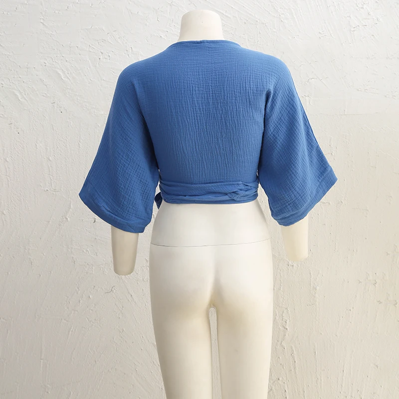Muslin 100% Cotton Gauze Women T-Shirts Sexy V-Neck Half Sleeve Summer Bandage Harajuku Soild Casual Streetwear Female Blouse
