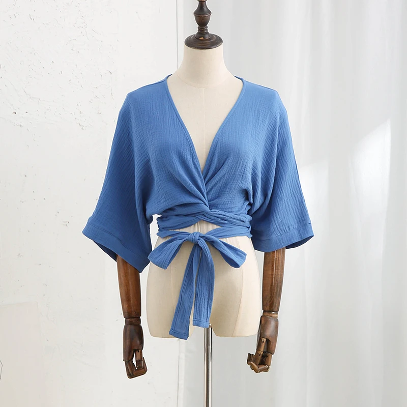 Muslin 100% Cotton Gauze Women T-Shirts Sexy V-Neck Half Sleeve Summer Bandage Harajuku Soild Casual Streetwear Female Blouse