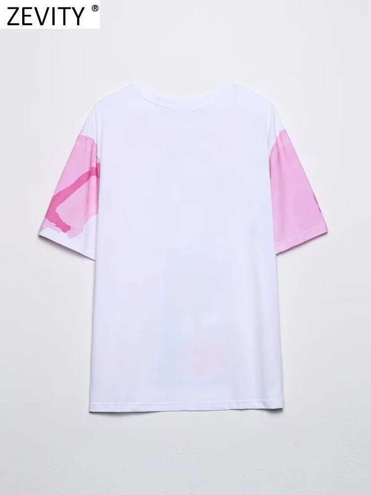 Zevity Women Fashion Contrast Color Beauty Print Casual T Shirt Female Basic O Neck Short Sleeve Chic Streetwear Tops T1875