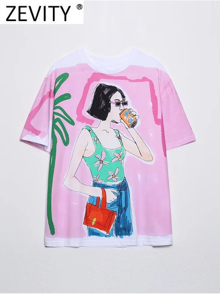 Zevity Women Fashion Contrast Color Beauty Print Casual T Shirt Female Basic O Neck Short Sleeve Chic Streetwear Tops T1875