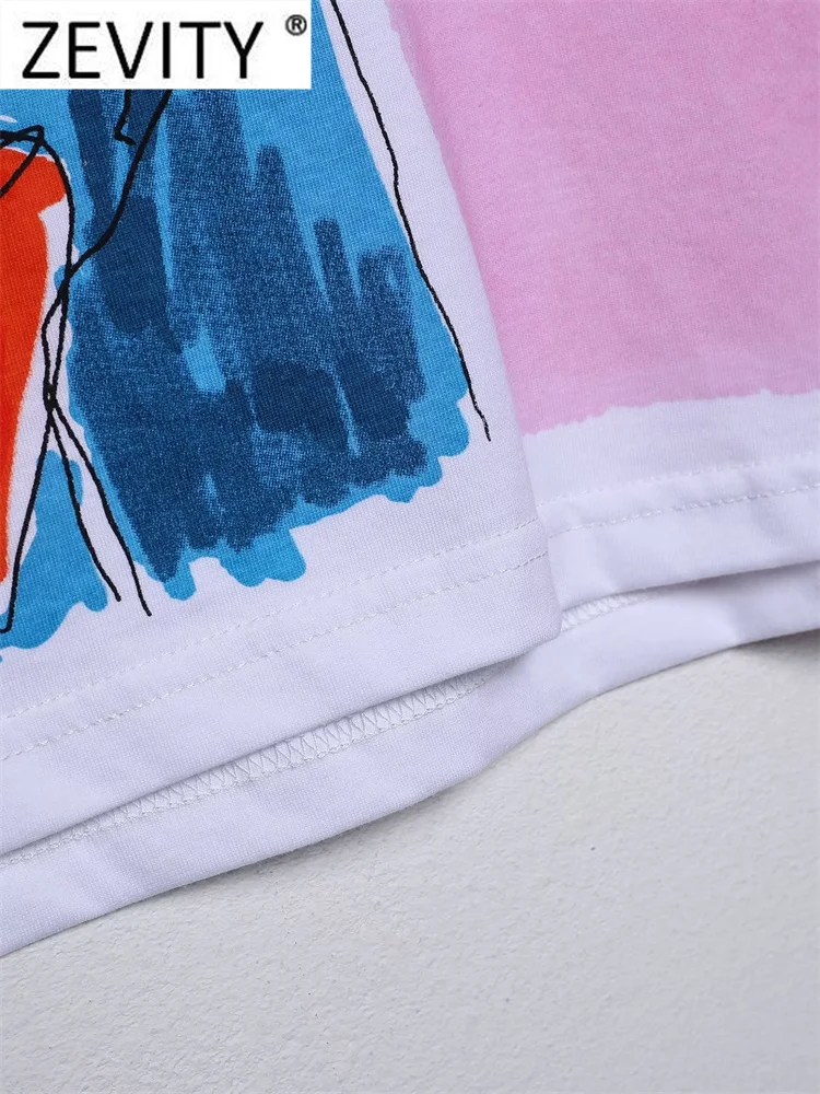 Zevity Women Fashion Contrast Color Beauty Print Casual T Shirt Female Basic O Neck Short Sleeve Chic Streetwear Tops T1875