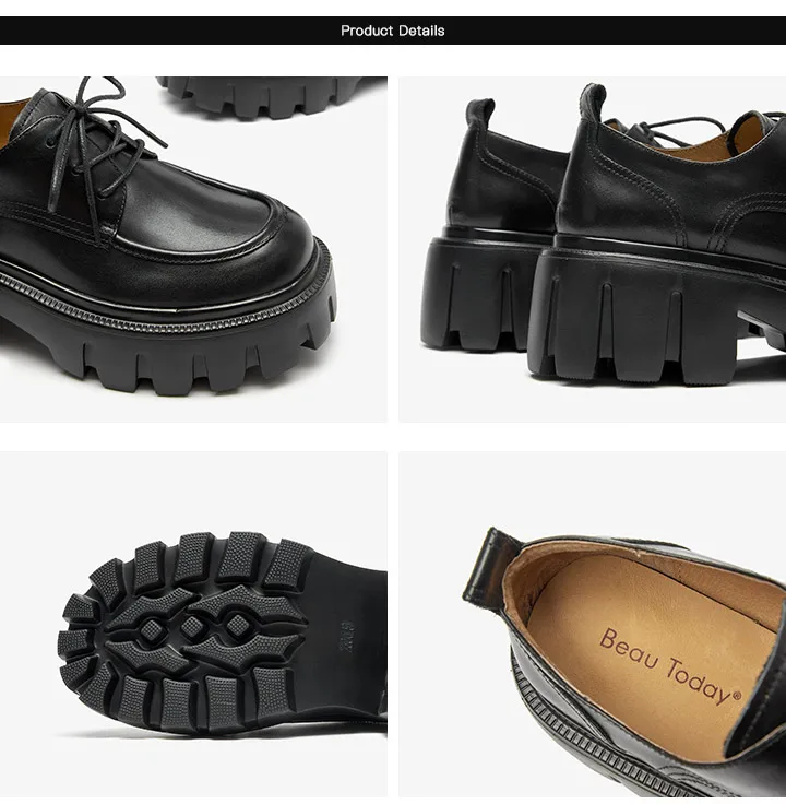 BeauToday Platform Shoes Women Genuine Cow Leather Round Cross Tied Closure Chunky Sole Ladies Casual Shoes Handmade 21894