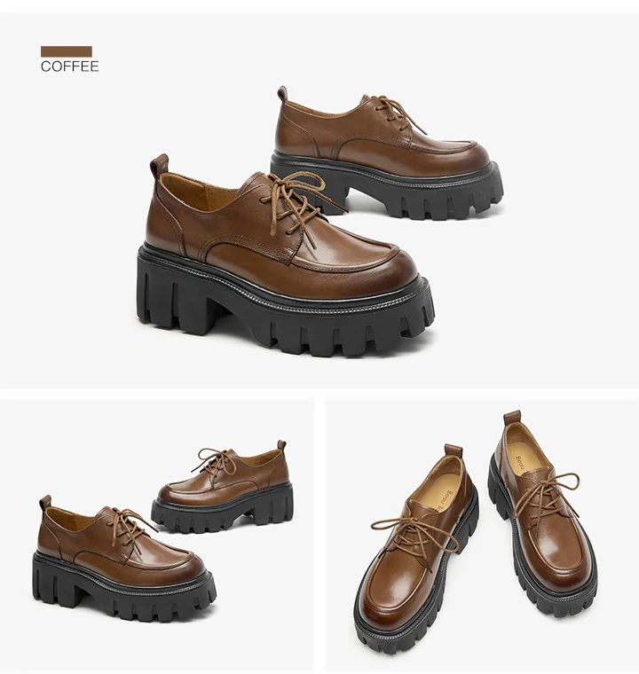 BeauToday Platform Shoes Women Genuine Cow Leather Round Cross Tied Closure Chunky Sole Ladies Casual Shoes Handmade 21894