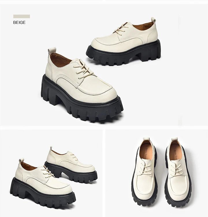 BeauToday Platform Shoes Women Genuine Cow Leather Round Cross Tied Closure Chunky Sole Ladies Casual Shoes Handmade 21894