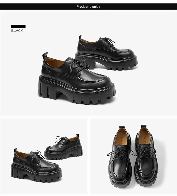 BeauToday Platform Shoes Women Genuine Cow Leather Round Cross Tied Closure Chunky Sole Ladies Casual Shoes Handmade 21894