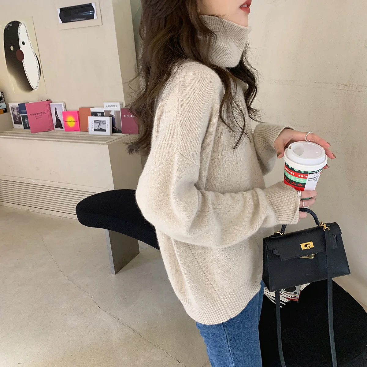 Turtleneck cashmere sweater female autumn winter new languorous lazy wind loose knitting sweater Korean edition outside wear thi