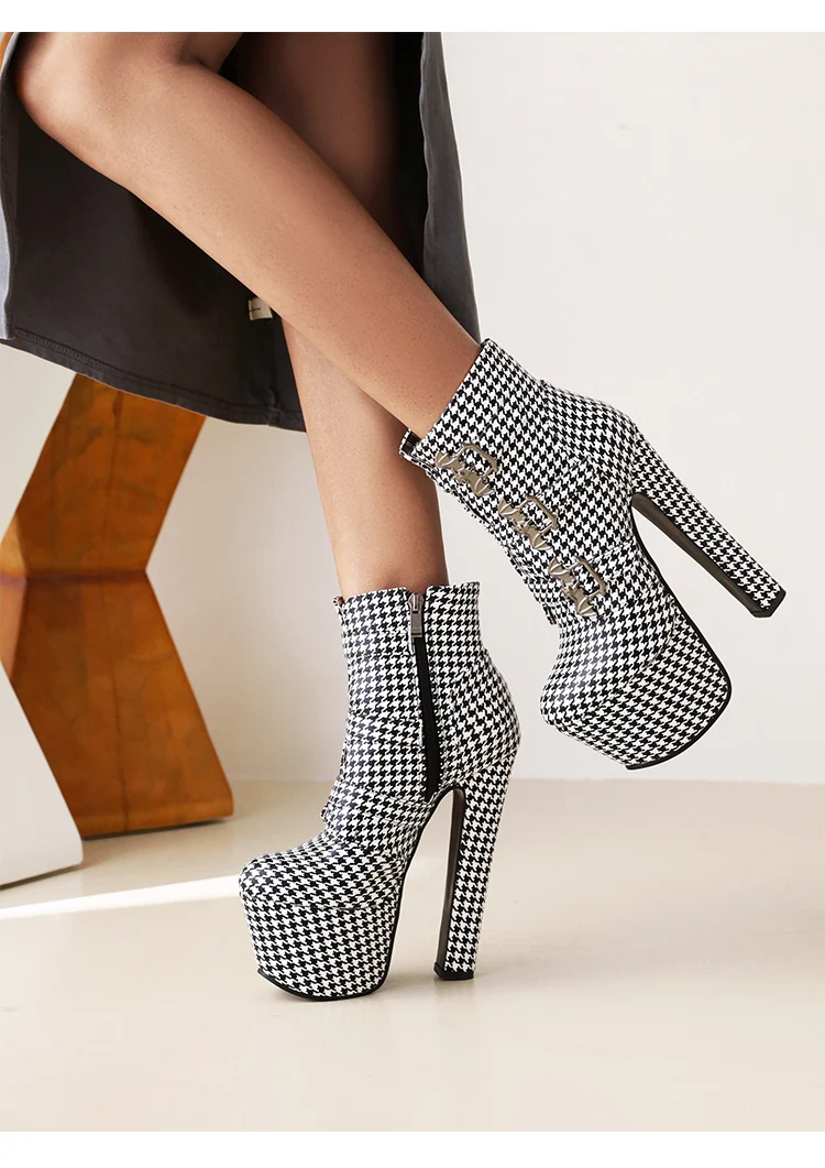 Oversized Sexy Super High Heel Nightclub Women's Short Boots Houndstooth Super High Waterproof Platform Bat Metal Buckle Boots