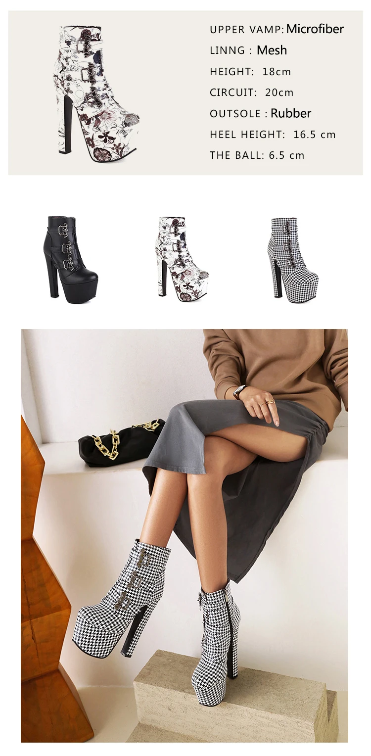 Oversized Sexy Super High Heel Nightclub Women's Short Boots Houndstooth Super High Waterproof Platform Bat Metal Buckle Boots