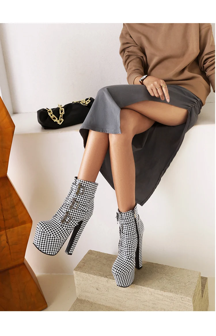 Oversized Sexy Super High Heel Nightclub Women's Short Boots Houndstooth Super High Waterproof Platform Bat Metal Buckle Boots