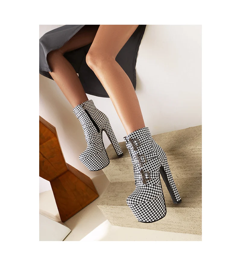 Oversized Sexy Super High Heel Nightclub Women's Short Boots Houndstooth Super High Waterproof Platform Bat Metal Buckle Boots