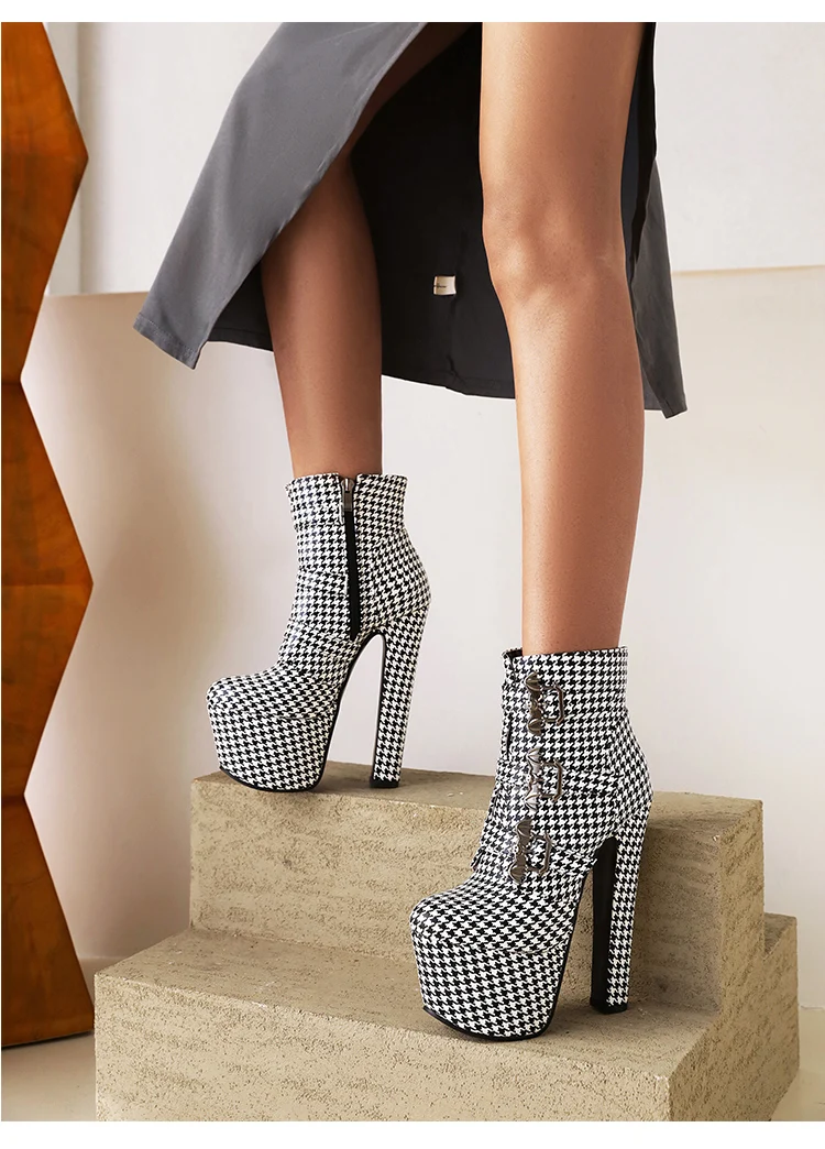 Oversized Sexy Super High Heel Nightclub Women's Short Boots Houndstooth Super High Waterproof Platform Bat Metal Buckle Boots