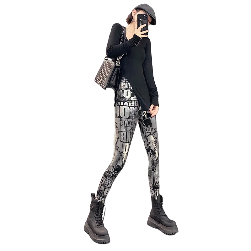 Fall Winter Fashion Women Metallic Silver Letter Graffiti Print Leggings Printed Brushed Leggings Ladies Skinny Stretch Pants