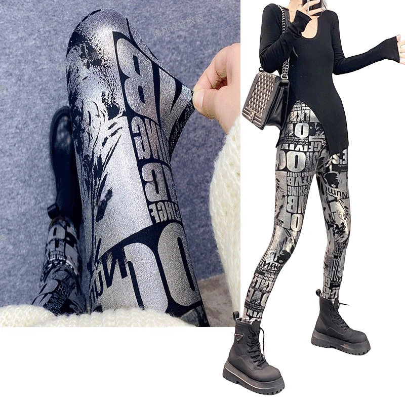 Fall Winter Fashion Women Metallic Silver Letter Graffiti Print Leggings Printed Brushed Leggings Ladies Skinny Stretch Pants