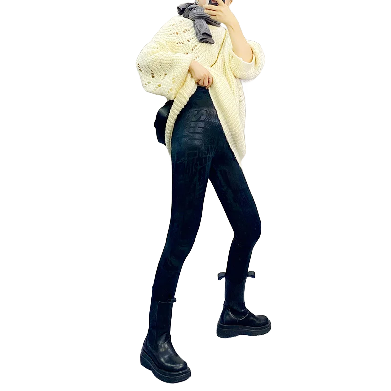 Fall Winter Fashion Women Metallic Silver Letter Graffiti Print Leggings Printed Brushed Leggings Ladies Skinny Stretch Pants