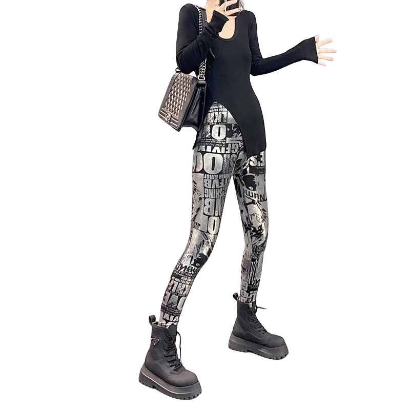 Fall Winter Fashion Women Metallic Silver Letter Graffiti Print Leggings Printed Brushed Leggings Ladies Skinny Stretch Pants
