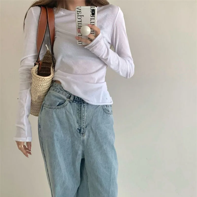 Xpqbb White Long Sleeve T Shirt for Women 2025 New Spring Summer Thin Sun-Proof Shirts Female Elegant Slim Bottoming Tees Tops
