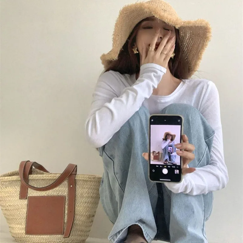 Xpqbb White Long Sleeve T Shirt for Women 2025 New Spring Summer Thin Sun-Proof Shirts Female Elegant Slim Bottoming Tees Tops