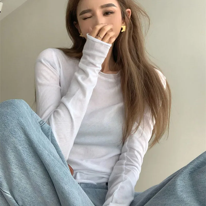 Xpqbb White Long Sleeve T Shirt for Women 2025 New Spring Summer Thin Sun-Proof Shirts Female Elegant Slim Bottoming Tees Tops