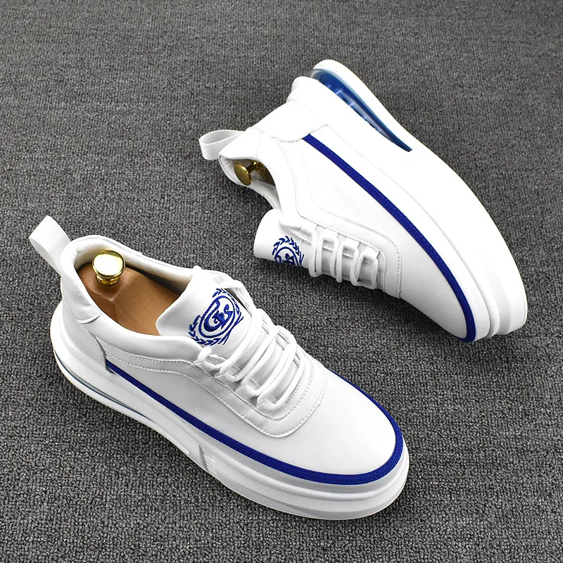 Korean style men fashion platform shoes breathable original leather shoe air cushion white sneakers comfort young streetwear man