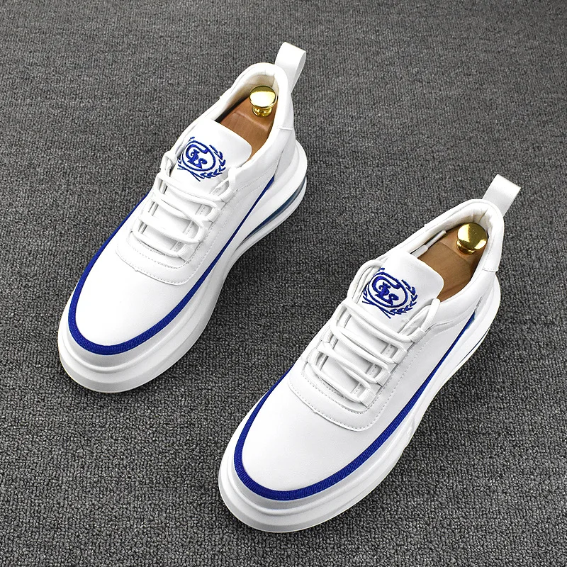 Korean style men fashion platform shoes breathable original leather shoe air cushion white sneakers comfort young streetwear man