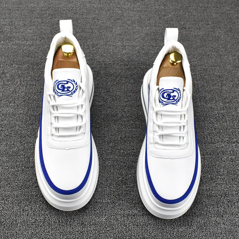 Korean style men fashion platform shoes breathable original leather shoe air cushion white sneakers comfort young streetwear man