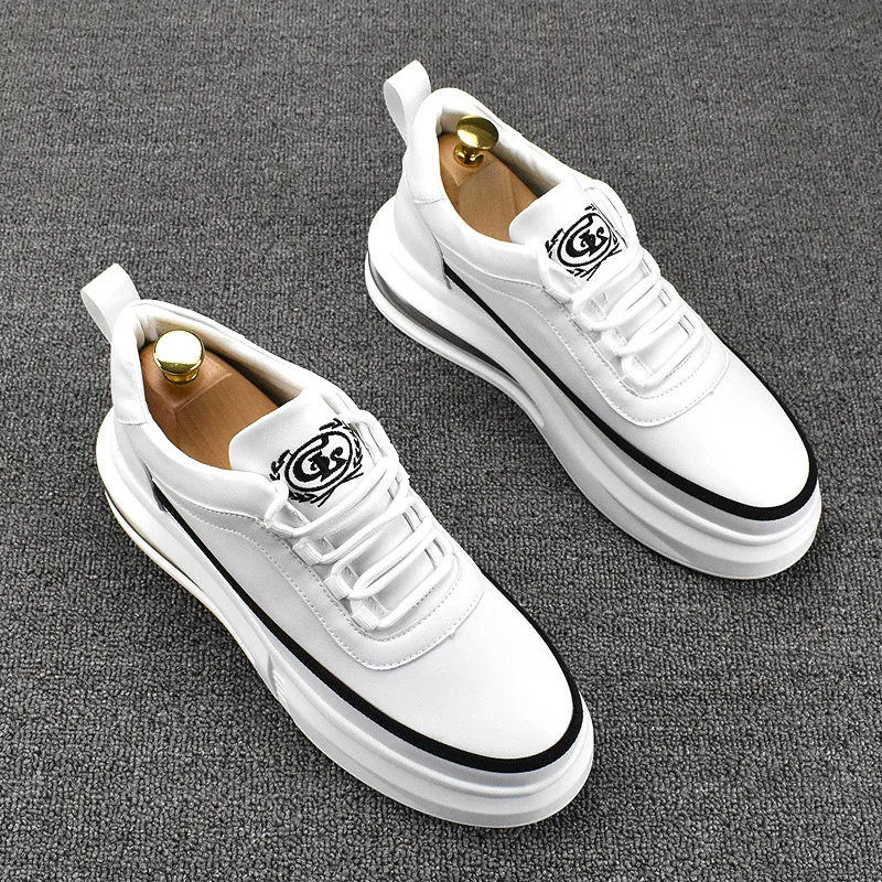 Korean style men fashion platform shoes breathable original leather shoe air cushion white sneakers comfort young streetwear man
