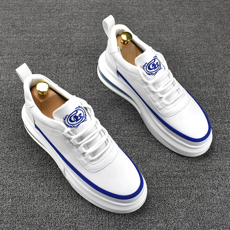 Korean style men fashion platform shoes breathable original leather shoe air cushion white sneakers comfort young streetwear man