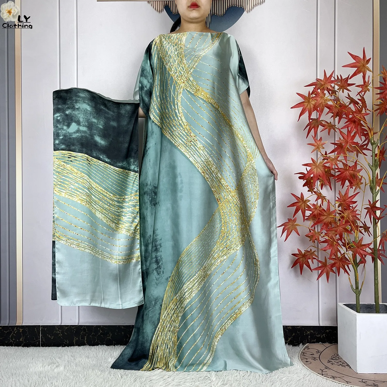 2023 New Dubai Style Fashion Women Clothing African Dashiki Abaya Soft Silk Print Design Islam Femme Loose Dress With Turban