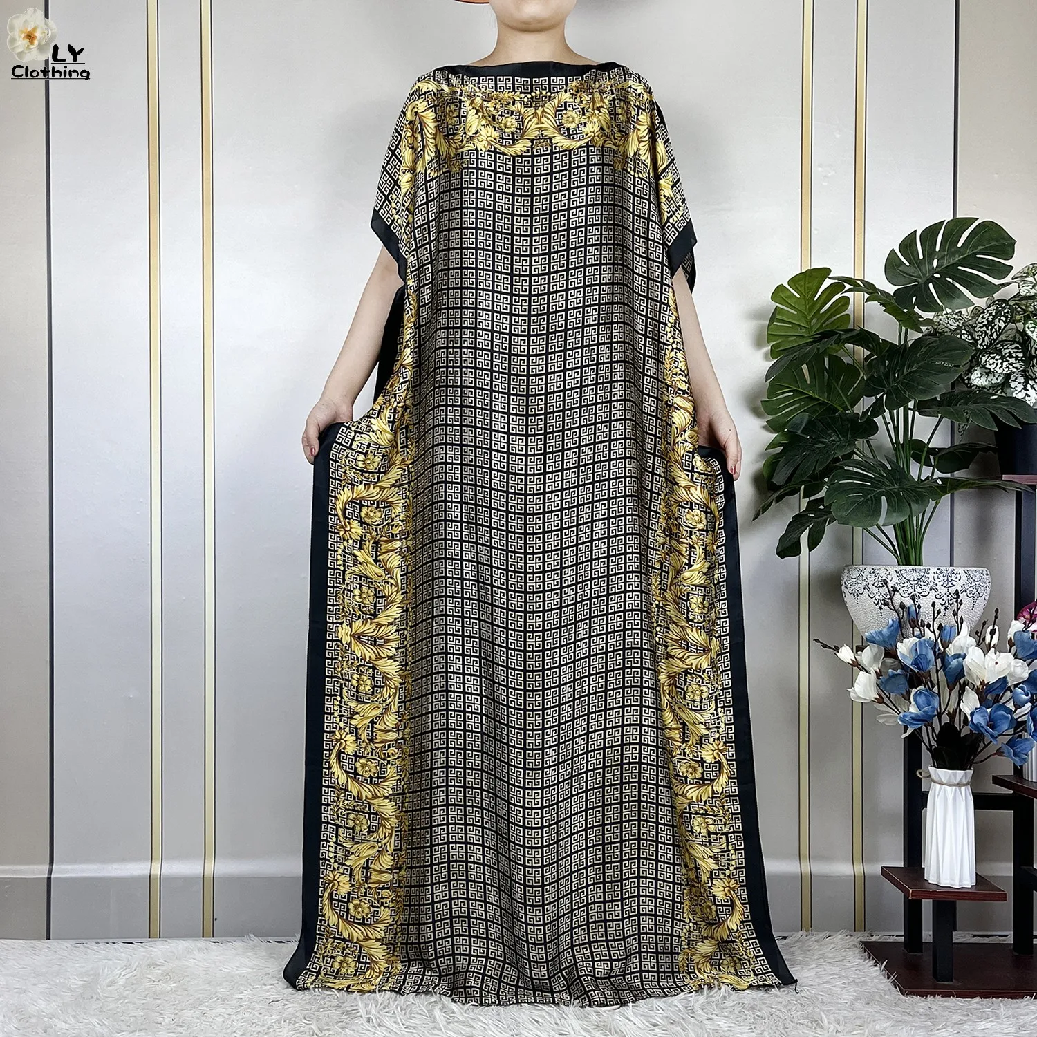 2023 New Dubai Style Fashion Women Clothing African Dashiki Abaya Soft Silk Print Design Islam Femme Loose Dress With Turban