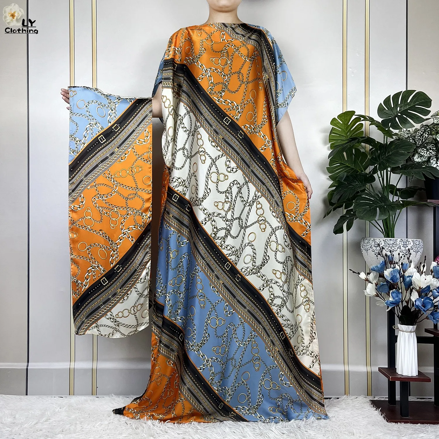 2023 New Dubai Style Fashion Women Clothing African Dashiki Abaya Soft Silk Print Design Islam Femme Loose Dress With Turban
