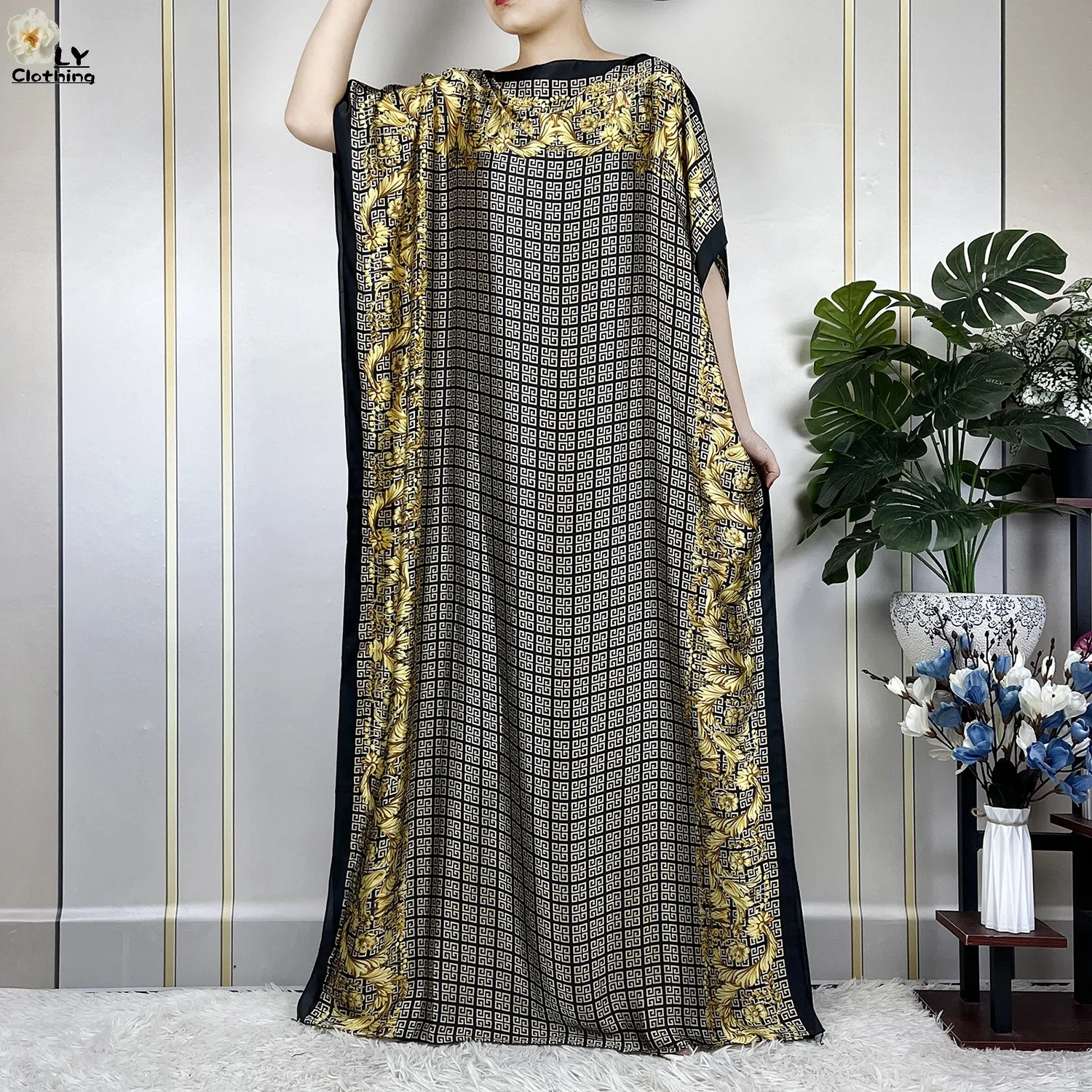 2023 New Dubai Style Fashion Women Clothing African Dashiki Abaya Soft Silk Print Design Islam Femme Loose Dress With Turban