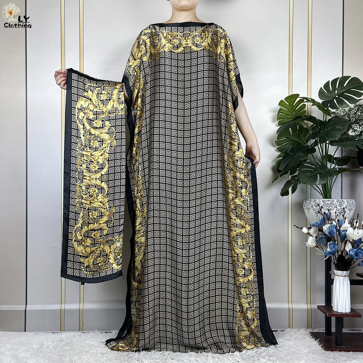 2023 New Dubai Style Fashion Women Clothing African Dashiki Abaya Soft Silk Print Design Islam Femme Loose Dress With Turban